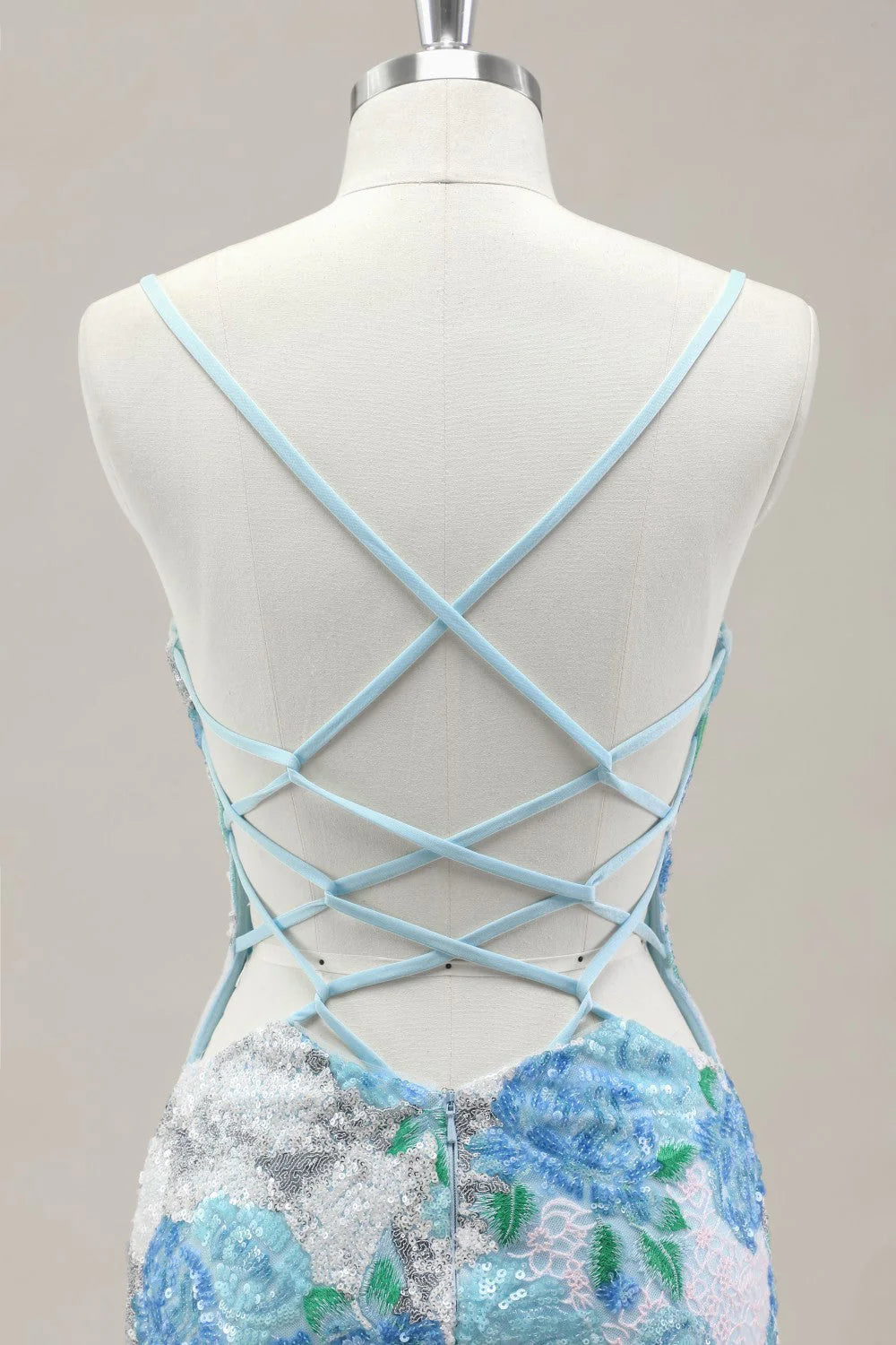 Sparkling Blue Flower Sequin Mermaid Prom Gown With Spaghetti Straps And Slit AD353