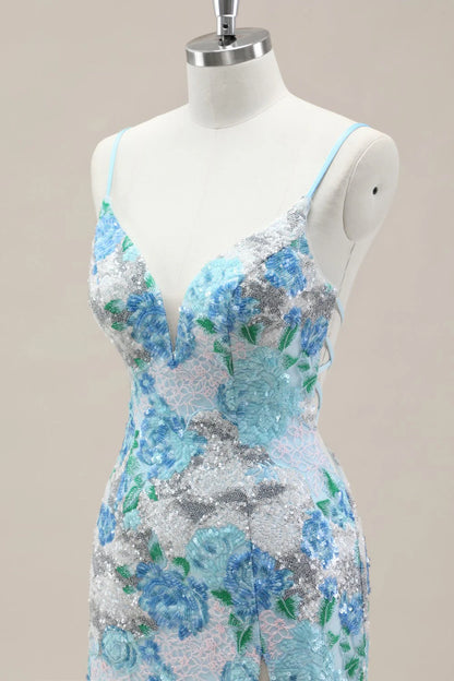 Sparkling Blue Flower Sequin Mermaid Prom Gown With Spaghetti Straps And Slit AD353