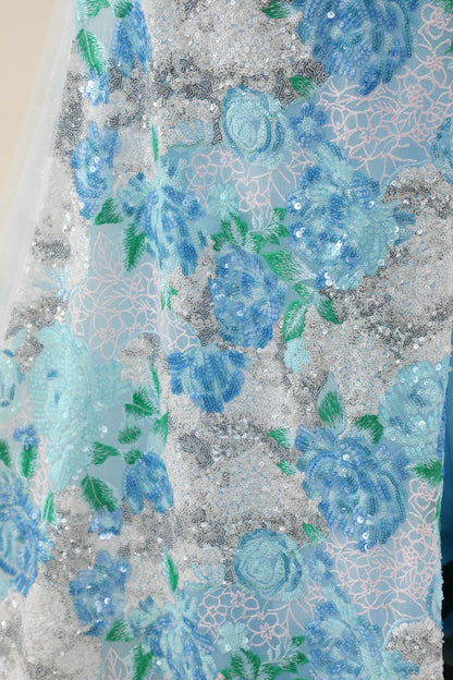 Sparkling Blue Flower Sequin Mermaid Prom Gown With Spaghetti Straps And Slit AD353