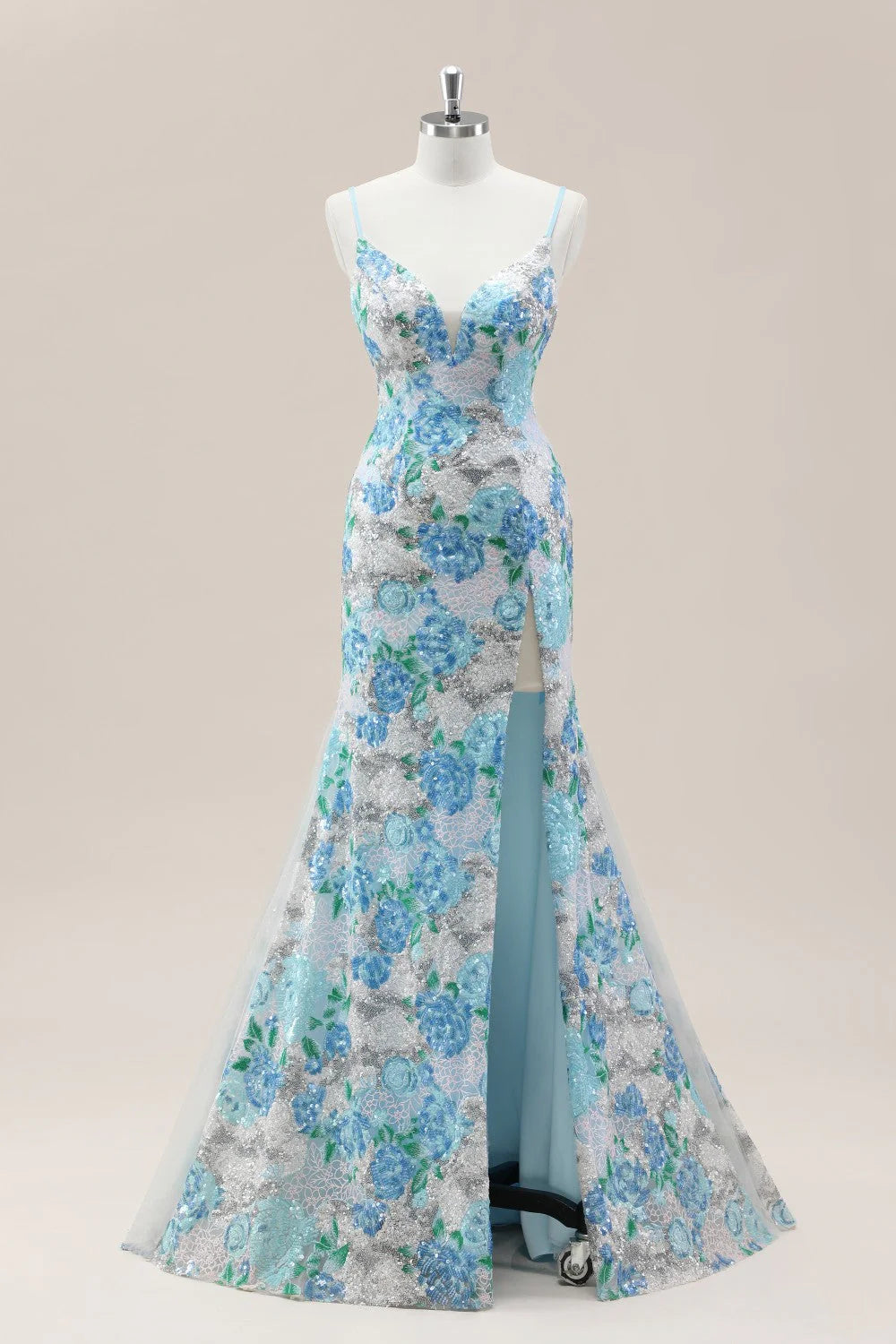 Sparkling Blue Flower Sequin Mermaid Prom Gown With Spaghetti Straps And Slit AD353