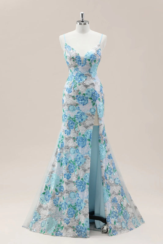 Sparkling Blue Flower Sequin Mermaid Prom Gown With Spaghetti Straps And Slit AD353
