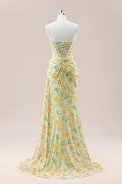 Yellow Sweetheart Ruched Mermaid Gown With Glitter Floral Pattern And High Slit AD354