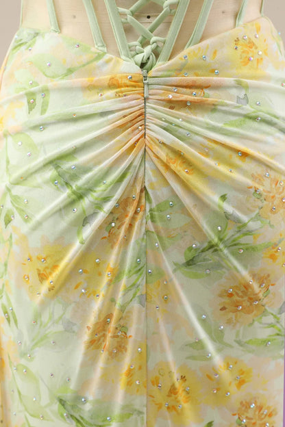 Yellow Sweetheart Ruched Mermaid Gown With Glitter Floral Pattern And High Slit AD354