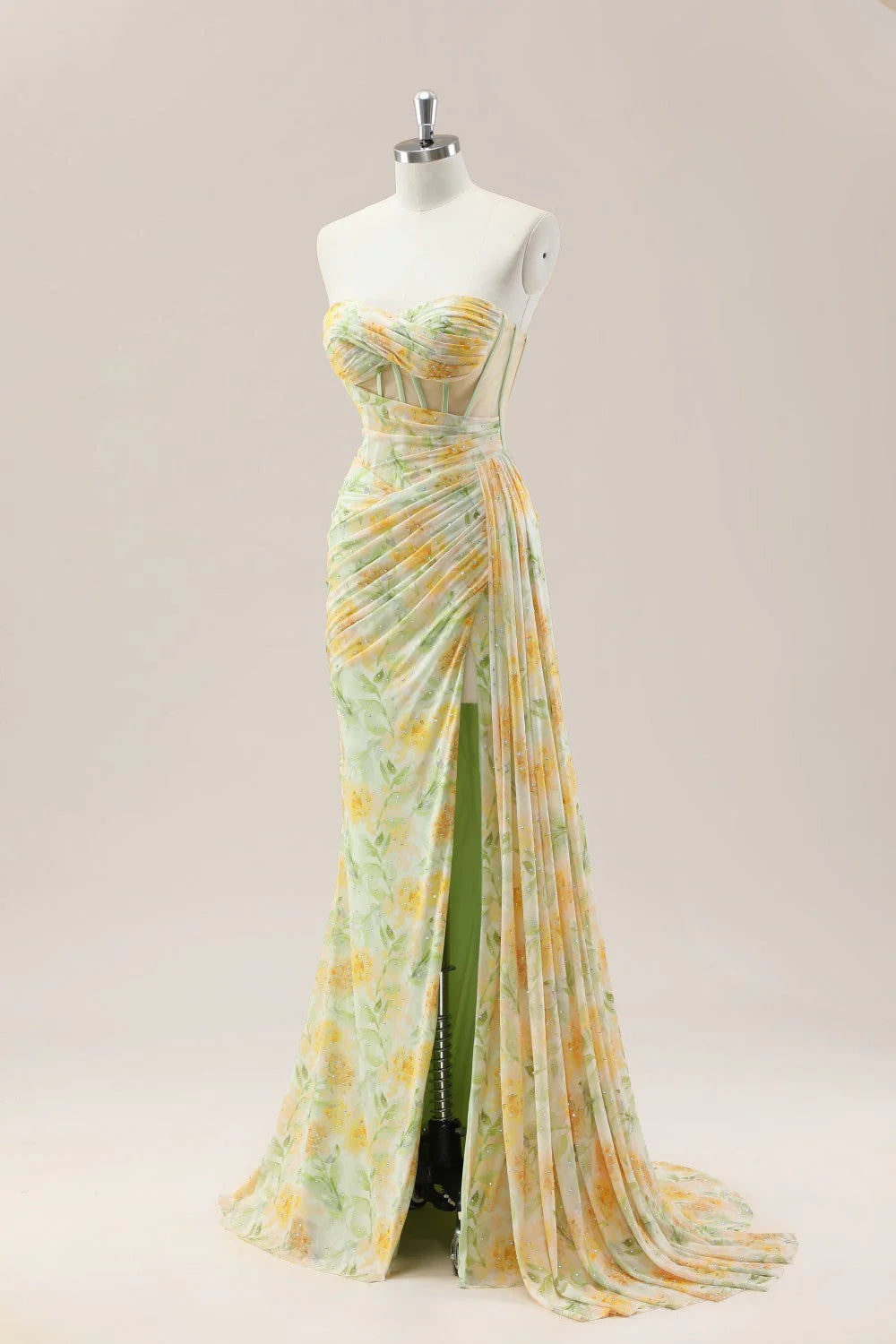 Yellow Sweetheart Ruched Mermaid Gown With Glitter Floral Pattern And High Slit AD354