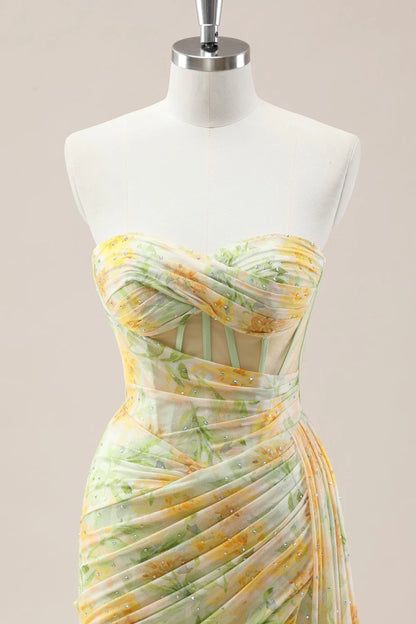 Yellow Sweetheart Ruched Mermaid Gown With Glitter Floral Pattern And High Slit AD354