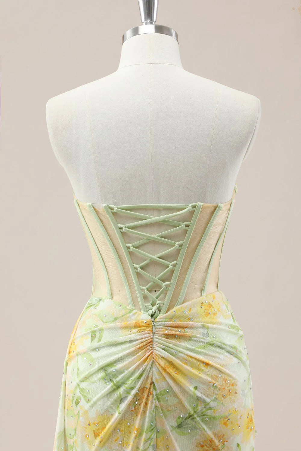 Yellow Sweetheart Ruched Mermaid Gown With Glitter Floral Pattern And High Slit AD354