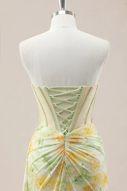 Yellow Sweetheart Ruched Mermaid Gown With Glitter Floral Pattern And High Slit AD354