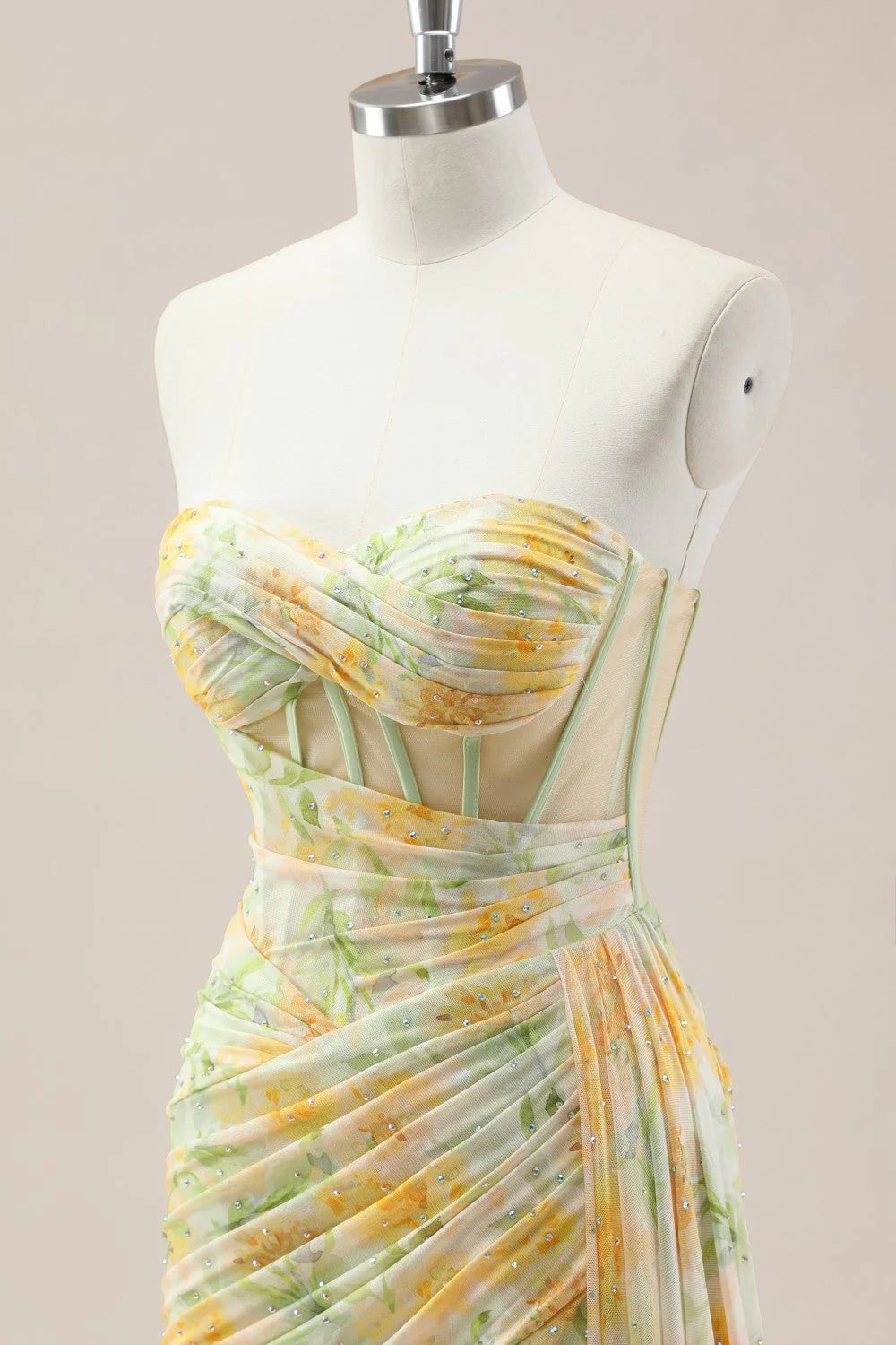 Yellow Sweetheart Ruched Mermaid Gown With Glitter Floral Pattern And High Slit AD354