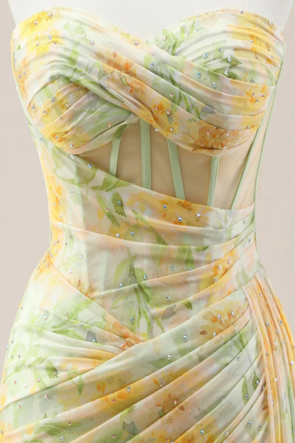 Yellow Sweetheart Ruched Mermaid Gown With Glitter Floral Pattern And High Slit AD354