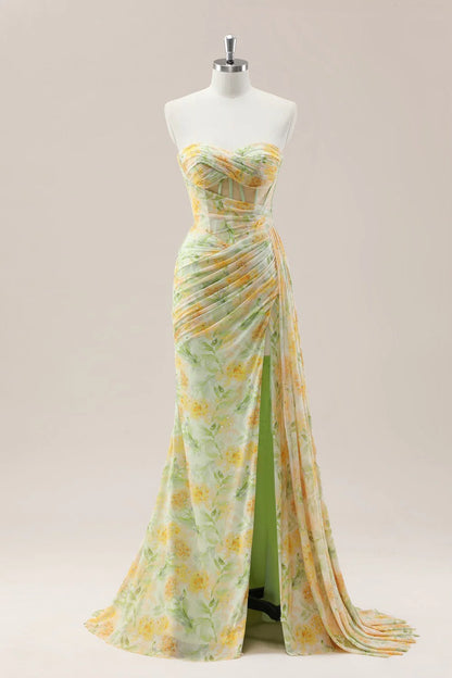 Yellow Sweetheart Ruched Mermaid Gown With Glitter Floral Pattern And High Slit AD354
