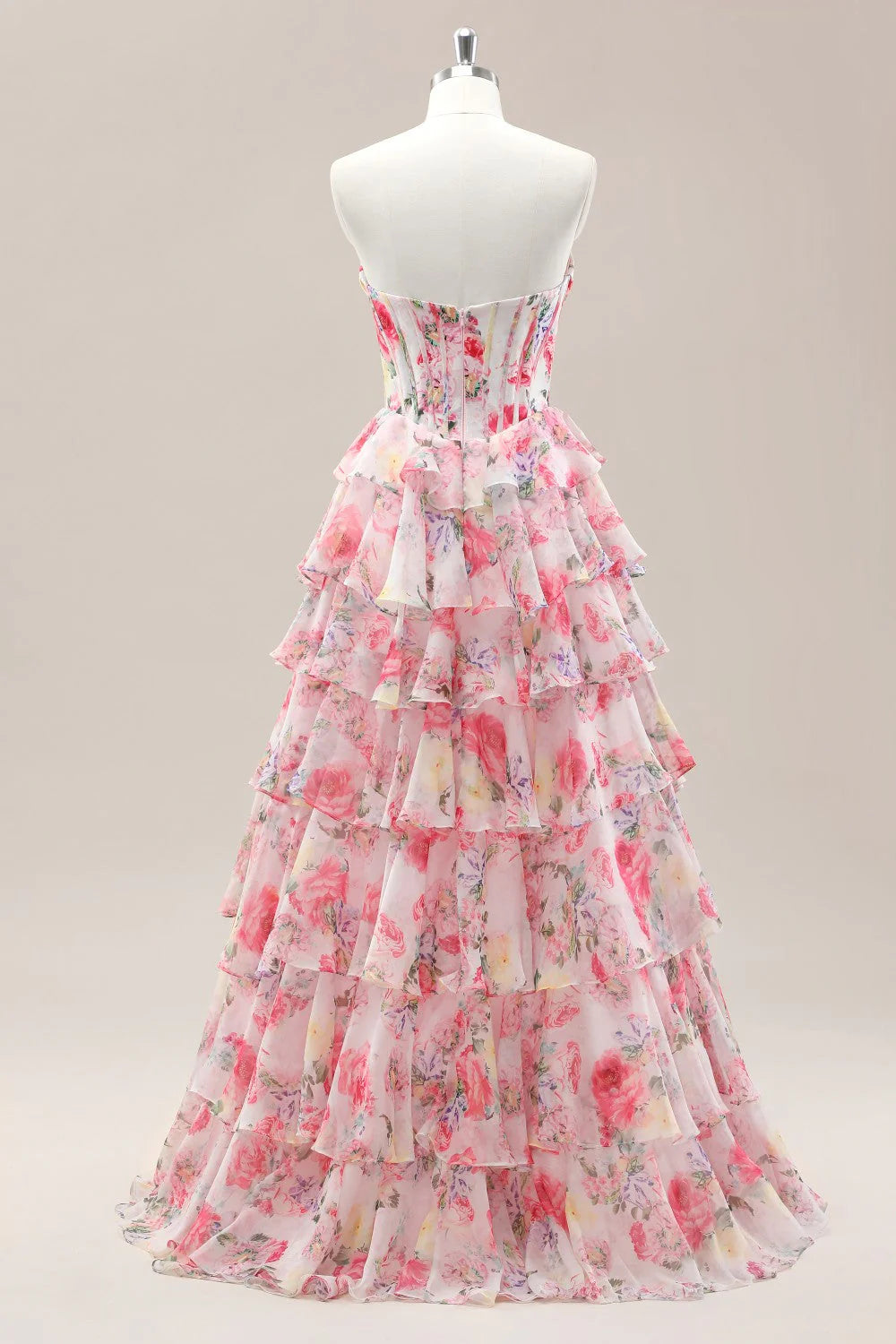 Sweet Floral Print Strapless Prom Gown With Layered Ruffles And Tiered Skirt AD355