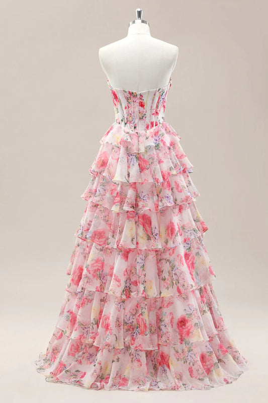 Sweet Floral Print Strapless Prom Gown With Layered Ruffles And Tiered Skirt AD355