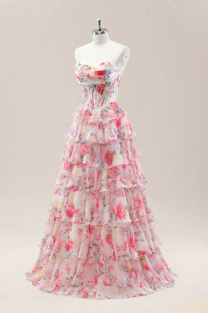 Sweet Floral Print Strapless Prom Gown With Layered Ruffles And Tiered Skirt AD355