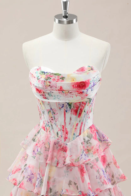 Sweet Floral Print Strapless Prom Gown With Layered Ruffles And Tiered Skirt AD355