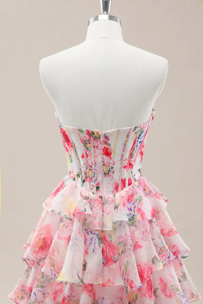 Sweet Floral Print Strapless Prom Gown With Layered Ruffles And Tiered Skirt AD355
