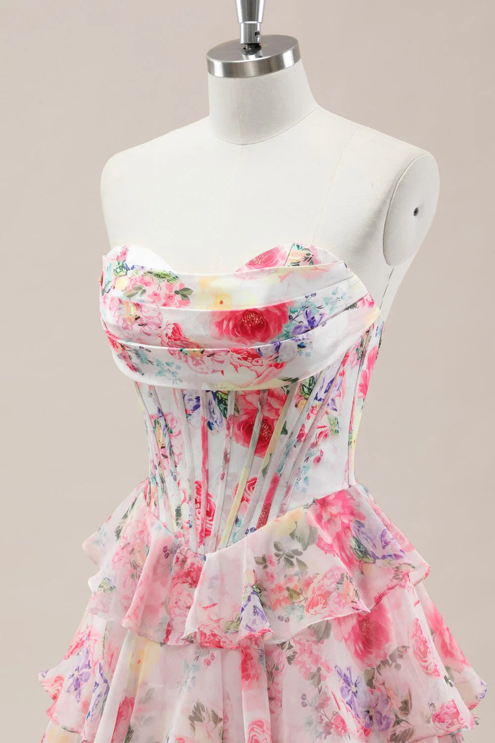 Sweet Floral Print Strapless Prom Gown With Layered Ruffles And Tiered Skirt AD355