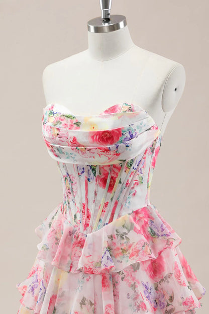 Sweet Floral Print Strapless Prom Gown With Layered Ruffles And Tiered Skirt AD355