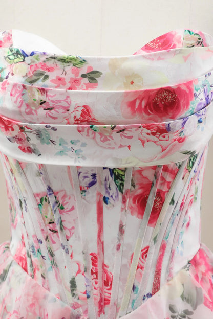 Sweet Floral Print Strapless Prom Gown With Layered Ruffles And Tiered Skirt AD355