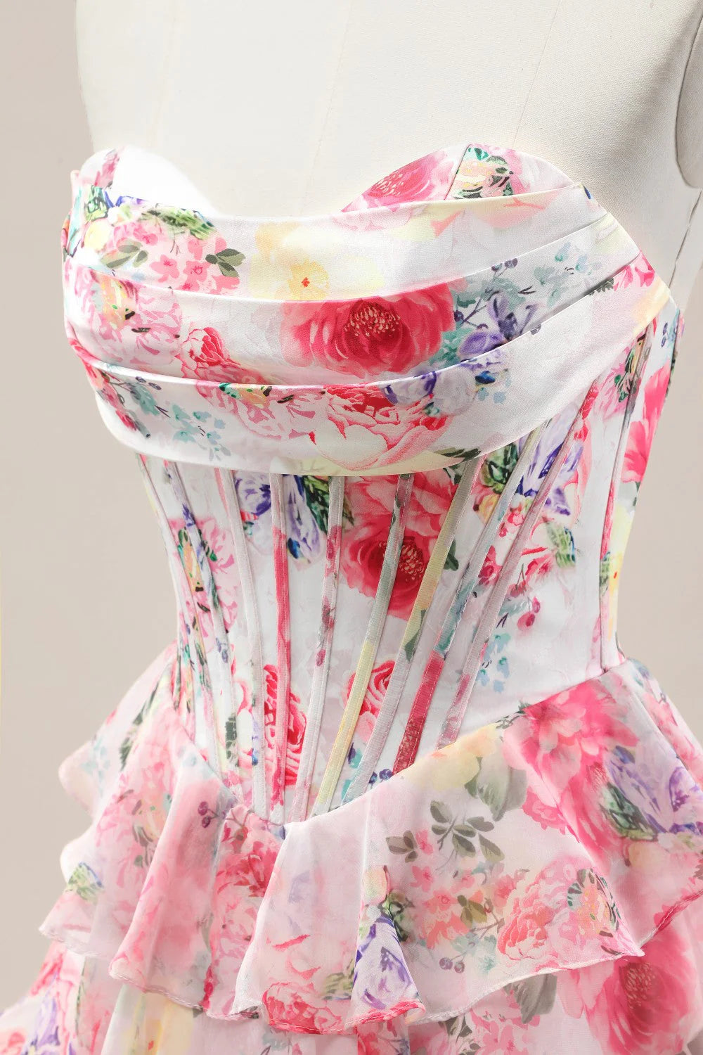 Sweet Floral Print Strapless Prom Gown With Layered Ruffles And Tiered Skirt AD355