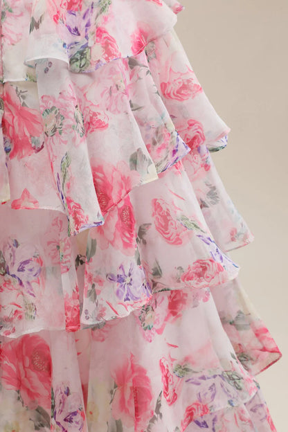 Sweet Floral Print Strapless Prom Gown With Layered Ruffles And Tiered Skirt AD355
