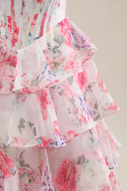 Sweet Floral Print Strapless Prom Gown With Layered Ruffles And Tiered Skirt AD355