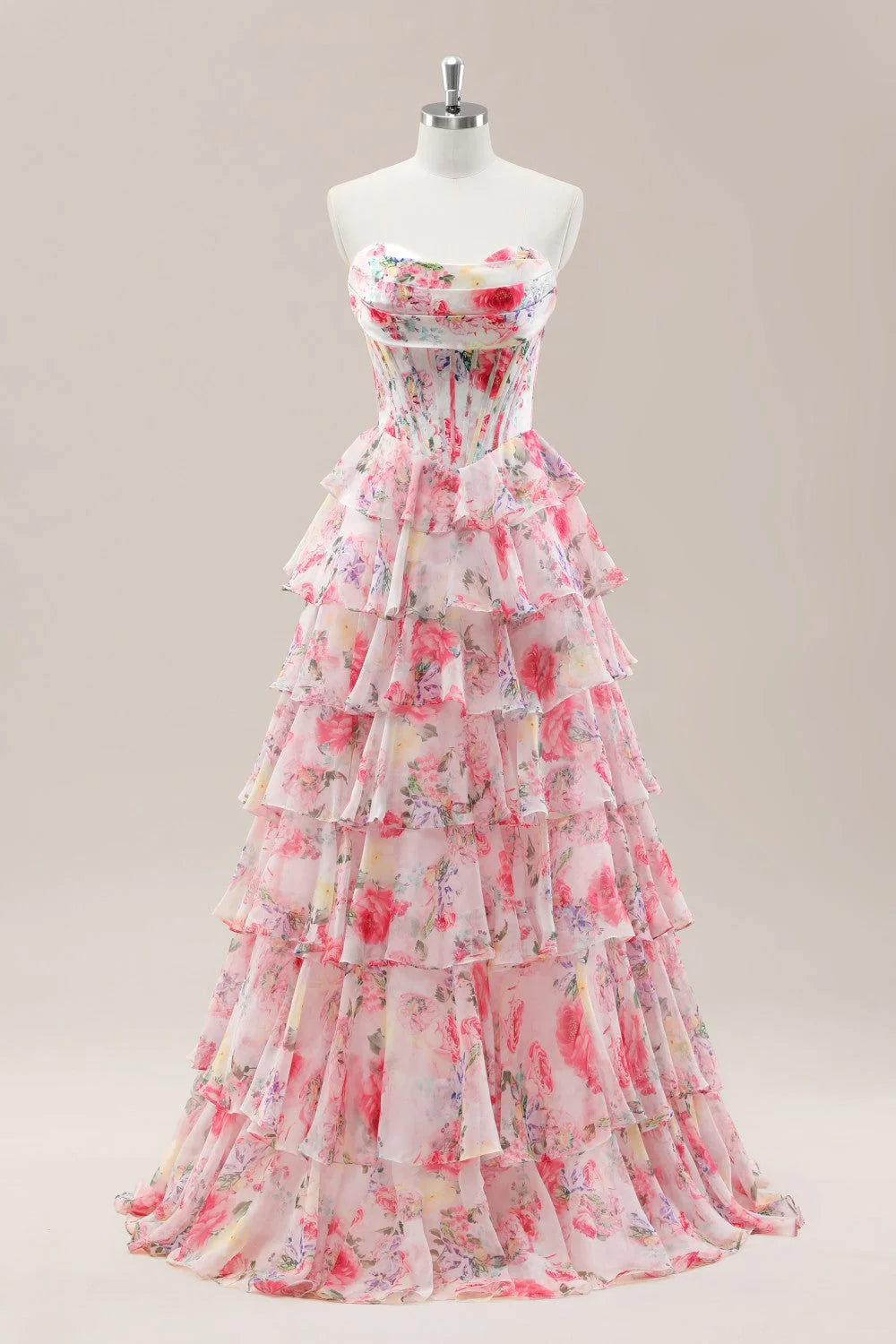 Sweet Floral Print Strapless Prom Gown With Layered Ruffles And Tiered Skirt AD355