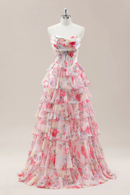 Sweet Floral Print Strapless Prom Gown With Layered Ruffles And Tiered Skirt AD355