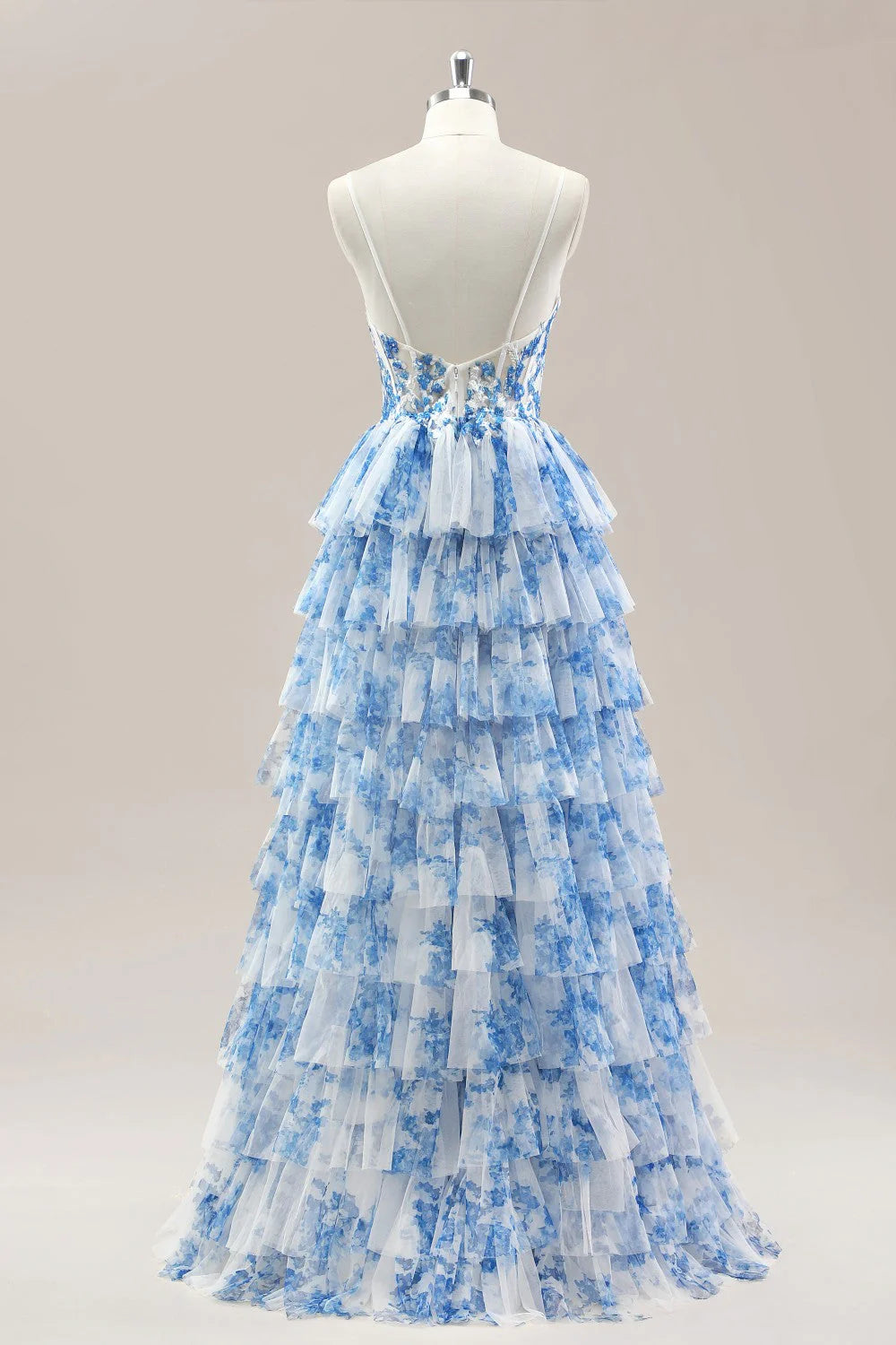 Blue Spaghetti Straps Lace-Up Prom Dress With Floral Tiered Tulle Skirt AD356