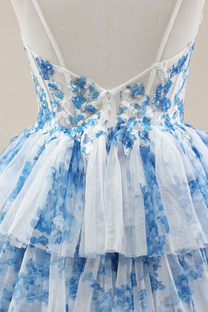 Blue Spaghetti Straps Lace-Up Prom Dress With Floral Tiered Tulle Skirt AD356