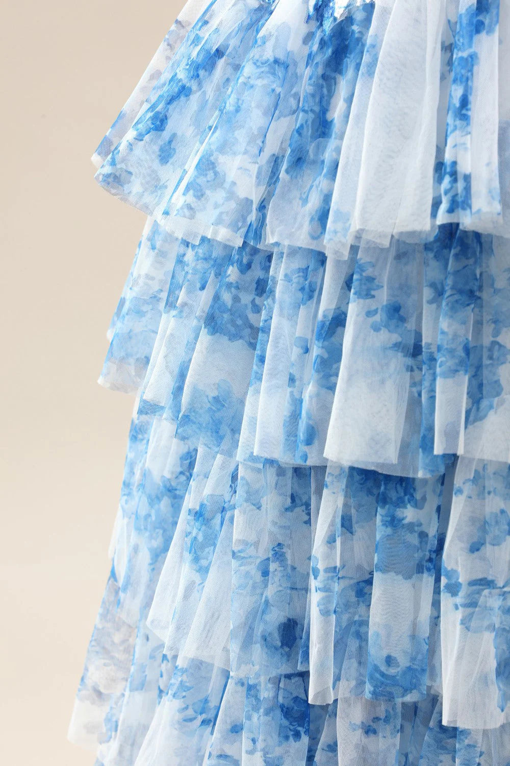 Blue Spaghetti Straps Lace-Up Prom Dress With Floral Tiered Tulle Skirt AD356