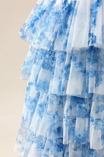 Blue Spaghetti Straps Lace-Up Prom Dress With Floral Tiered Tulle Skirt AD356