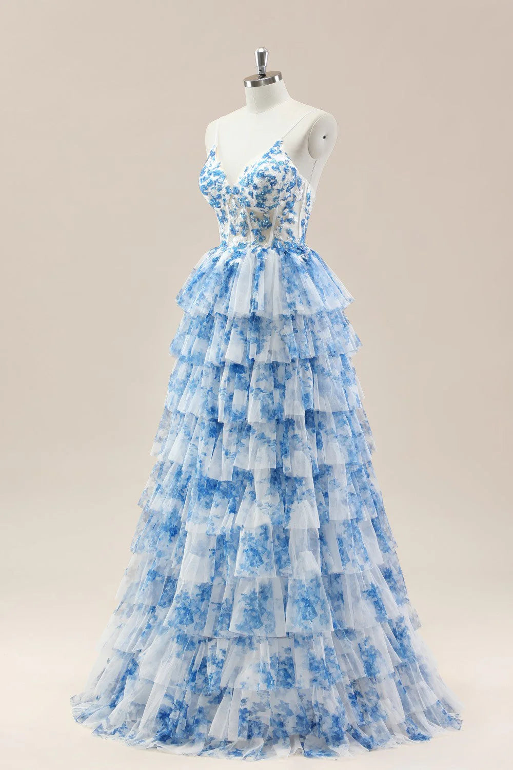 Blue Spaghetti Straps Lace-Up Prom Dress With Floral Tiered Tulle Skirt AD356