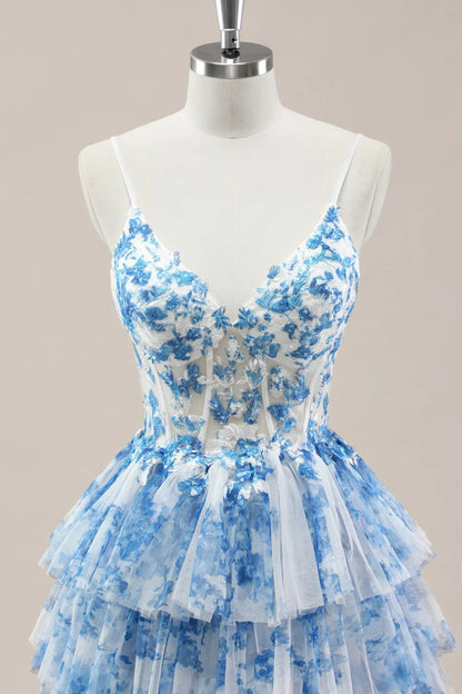 Blue Spaghetti Straps Lace-Up Prom Dress With Floral Tiered Tulle Skirt AD356
