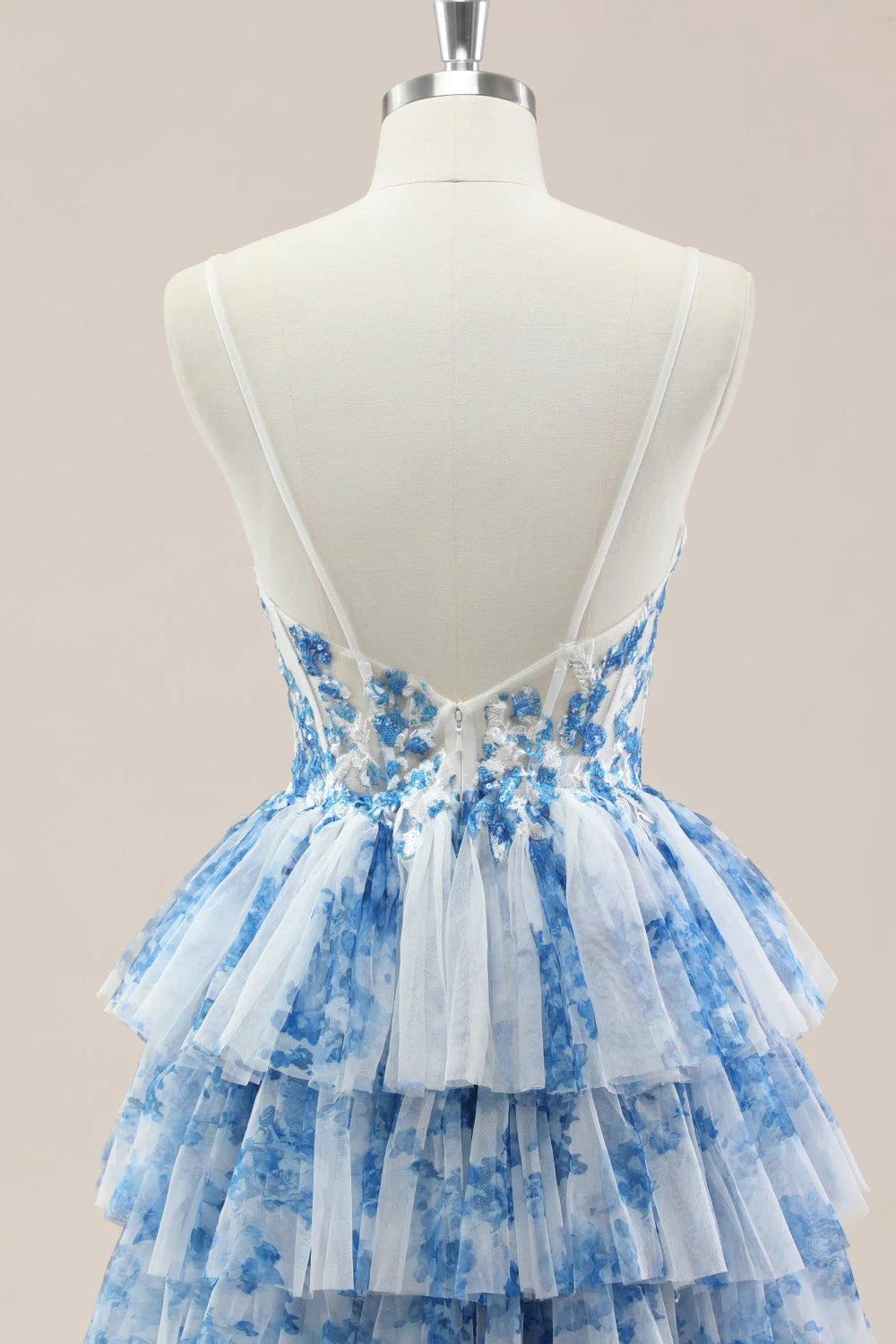 Blue Spaghetti Straps Lace-Up Prom Dress With Floral Tiered Tulle Skirt AD356