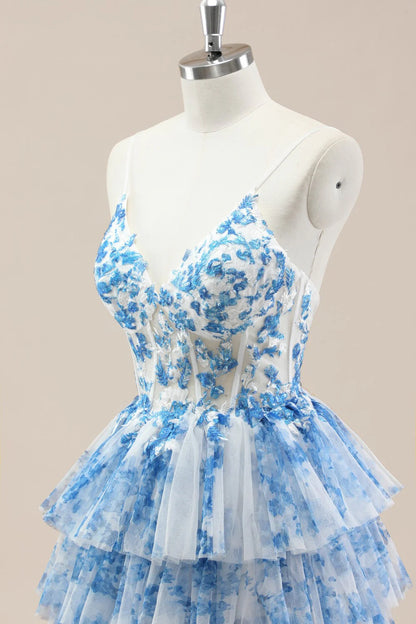 Blue Spaghetti Straps Lace-Up Prom Dress With Floral Tiered Tulle Skirt AD356