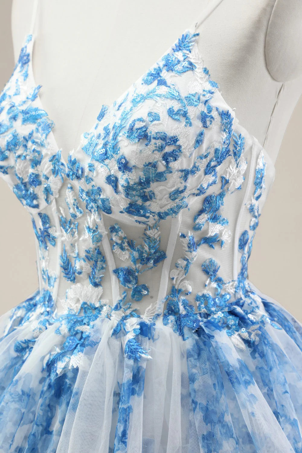 Blue Spaghetti Straps Lace-Up Prom Dress With Floral Tiered Tulle Skirt AD356