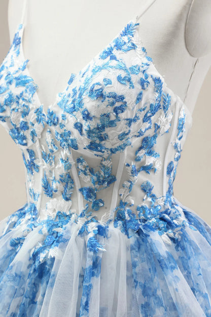 Blue Spaghetti Straps Lace-Up Prom Dress With Floral Tiered Tulle Skirt AD356