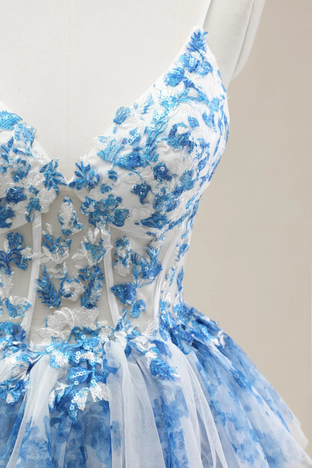 Blue Spaghetti Straps Lace-Up Prom Dress With Floral Tiered Tulle Skirt AD356