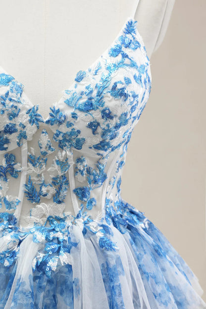 Blue Spaghetti Straps Lace-Up Prom Dress With Floral Tiered Tulle Skirt AD356