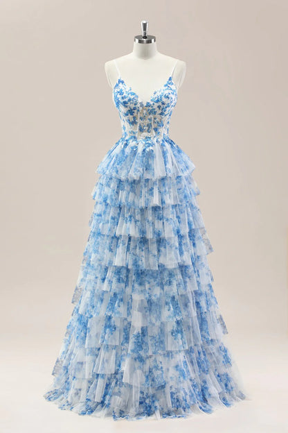 Blue Spaghetti Straps Lace-Up Prom Dress With Floral Tiered Tulle Skirt AD356