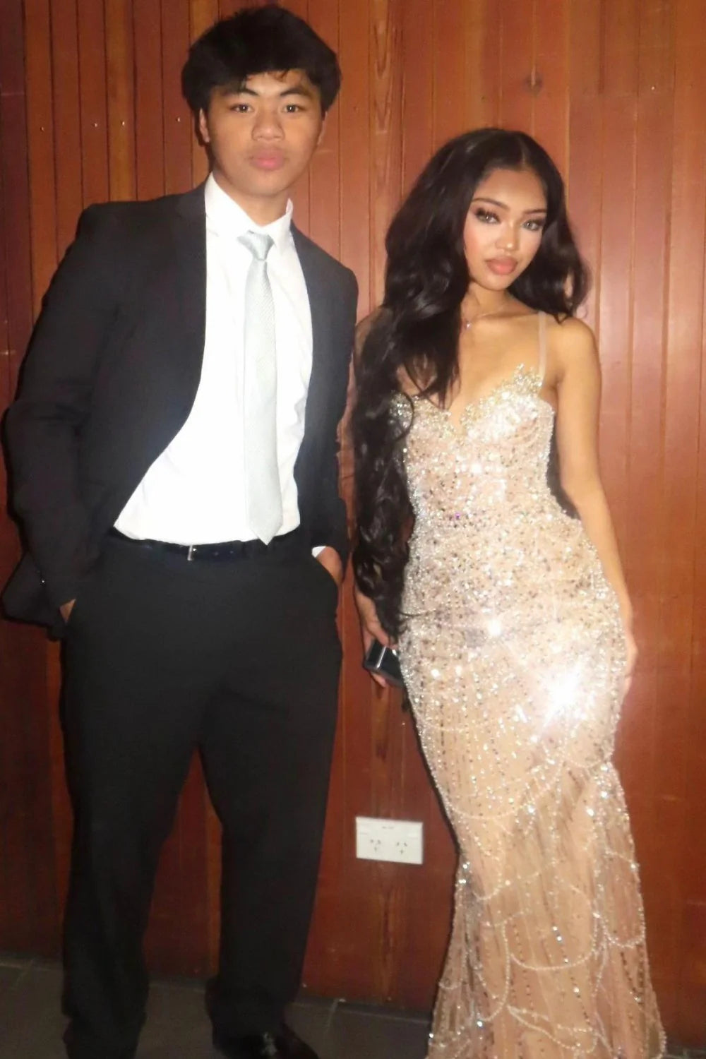 Luxury Champagne Crystal Beaded Mermaid Prom Dress With Spaghetti Straps AD357