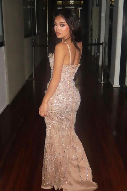 Luxury Champagne Crystal Beaded Mermaid Prom Dress With Spaghetti Straps AD357