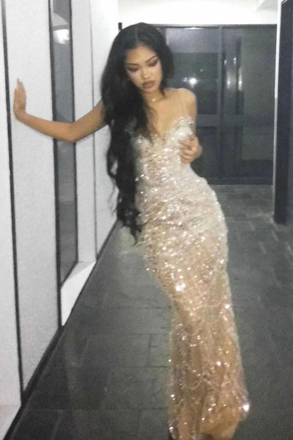 Luxury Champagne Crystal Beaded Mermaid Prom Dress With Spaghetti Straps AD357