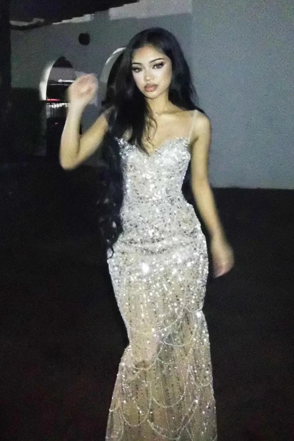 Luxury Champagne Crystal Beaded Mermaid Prom Dress With Spaghetti Straps AD357
