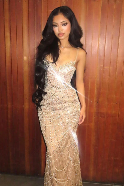 Luxury Champagne Crystal Beaded Mermaid Prom Dress With Spaghetti Straps AD357