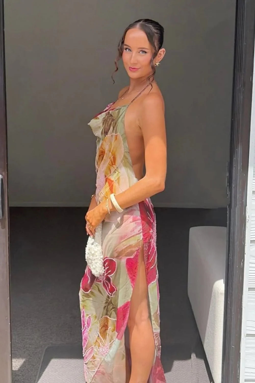 Floral Print Halter Neck Open Back Prom Dress With Draped Neckline AD358