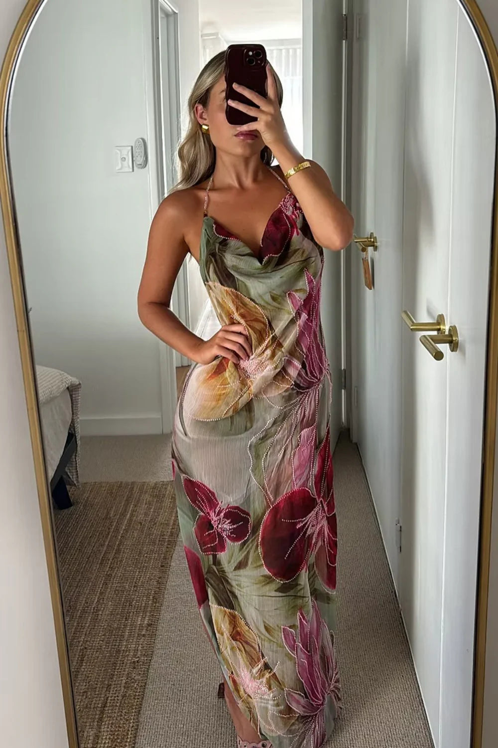 Floral Print Halter Neck Open Back Prom Dress With Draped Neckline AD358