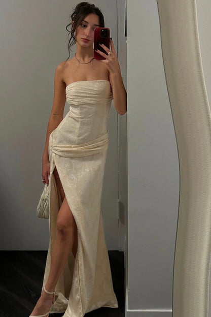 Elegant Ivory Strapless Sheath Prom Gown With Draped Waist & Slit AD359