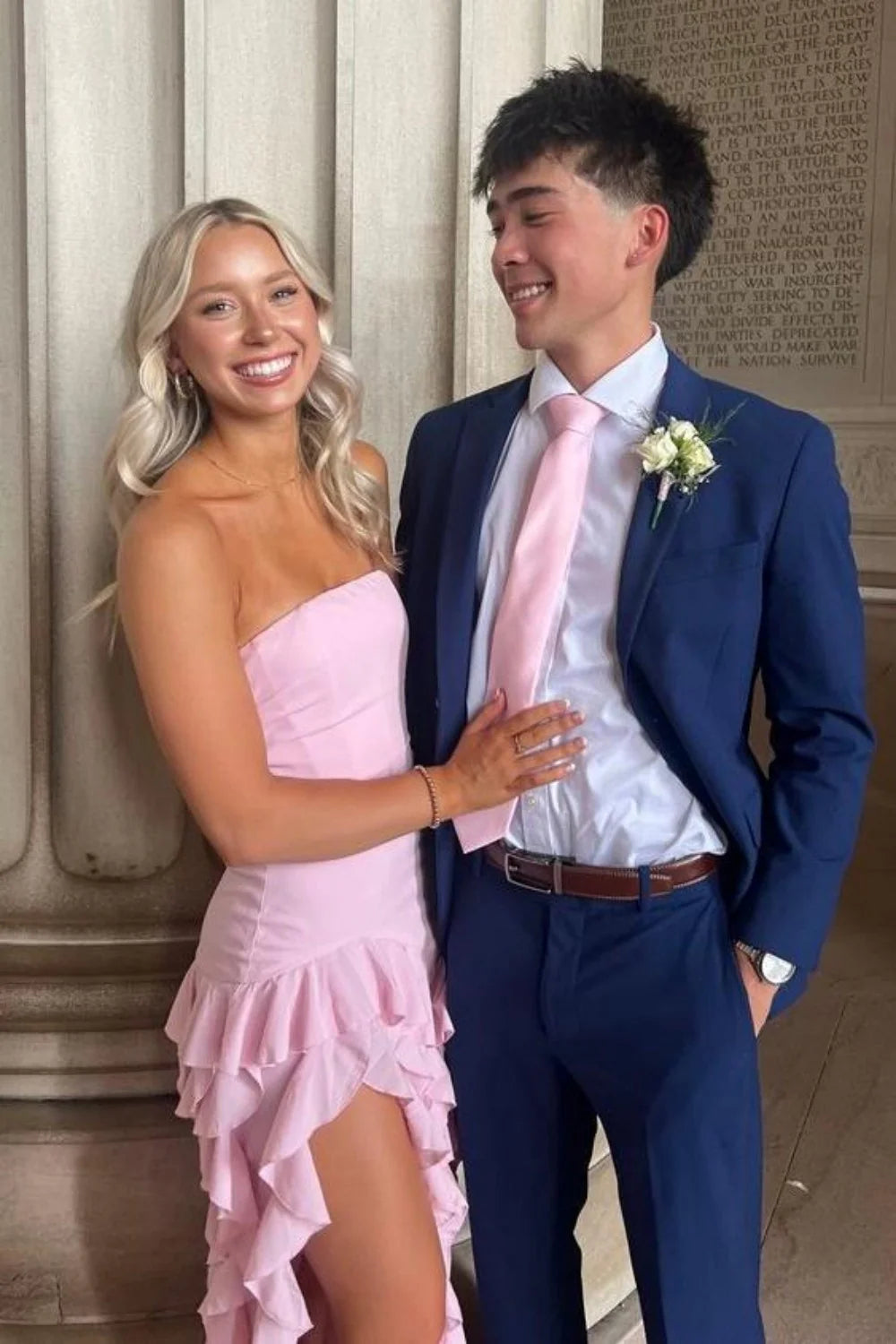 Elegant Light Pink Strapless Sheath Prom Dress With Cascading Ruffles AD360