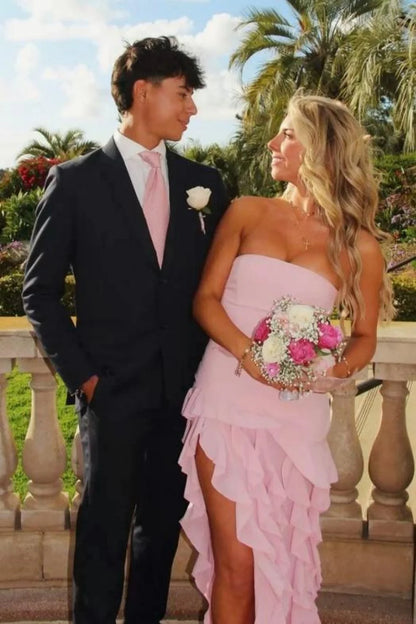 Elegant Light Pink Strapless Sheath Prom Dress With Cascading Ruffles AD360